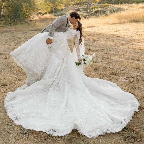 Autumn Silk Cathedral Length Vintage Lace Wedding Gown -  threedaughtersproperties.com